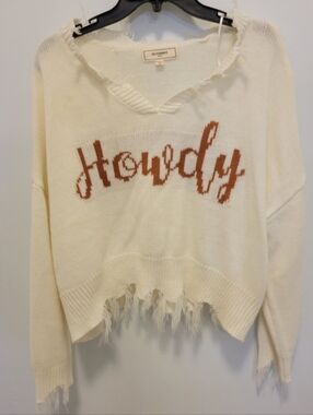 Junior 'Howdy' Distressed Cream Knit Sweater